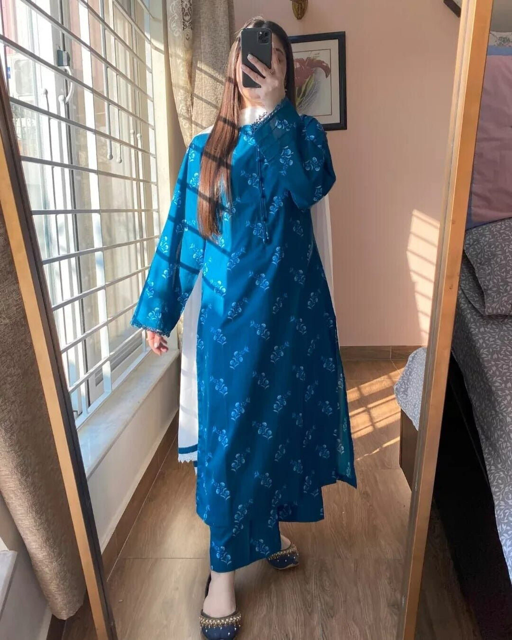 Readymade Hand block Print Solid Salwar Kameez Ready To Wear Suit 3 Piece Blue