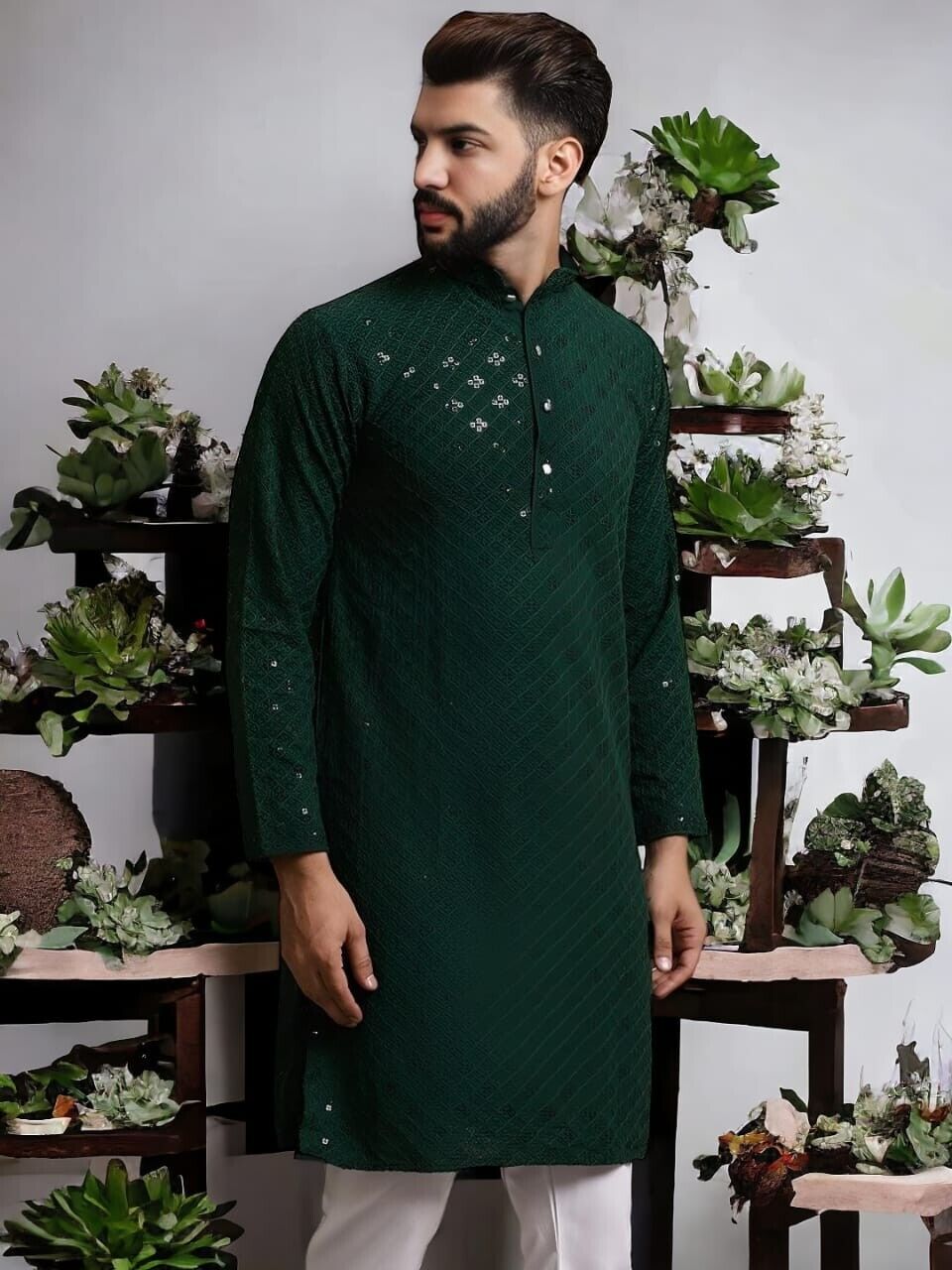 Party Wear Green Embroidered Pure Cotton Long Shirt Kurta Pajama Pooja Kurta