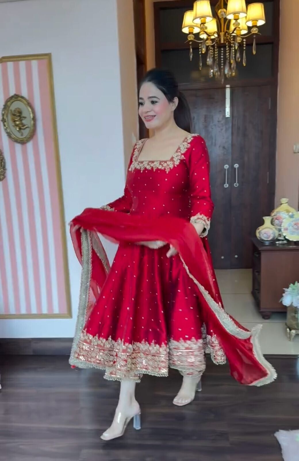 Indian Organza Taby Silk Anarkali Gown Set with Digital Print & Handwork