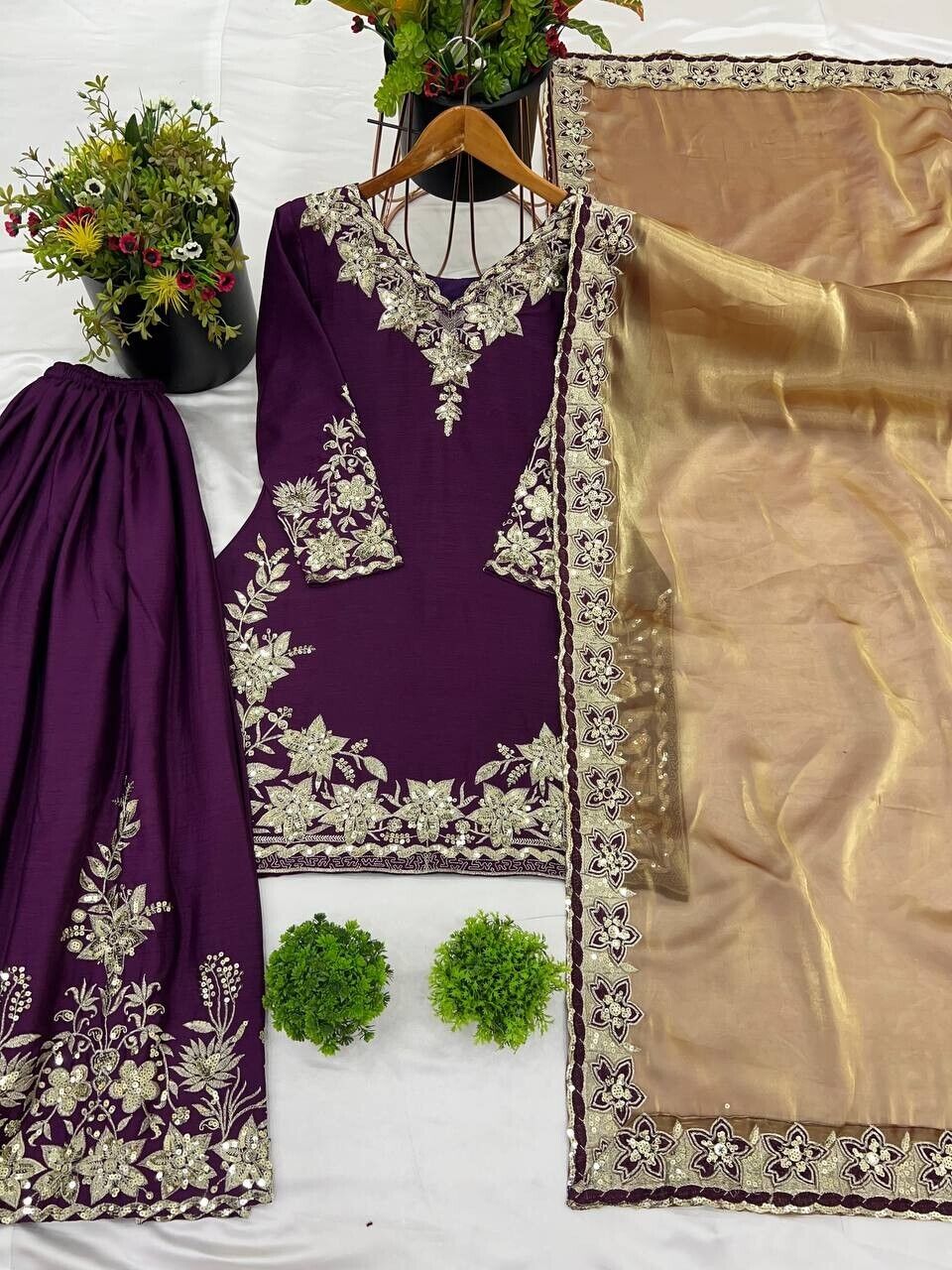 Chinon Silk Embroidered Palazzo Suit Set – Fully Stitched Partywear Sharara