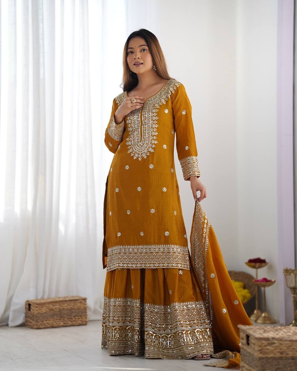 Chinnon Silk Punjabi Sharara Palazzo Salwar Kameez Set with Lace Border Dupatta
