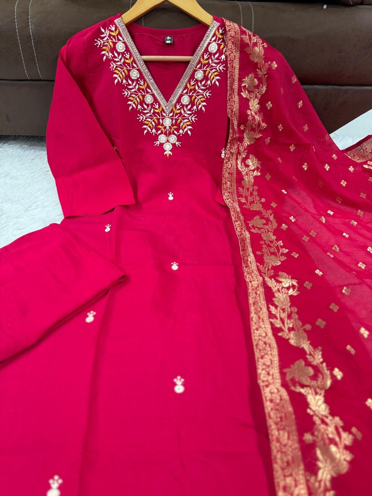 Red Viscose Chanderi Anarkali Salwar Kameez Set with Embroidered Work