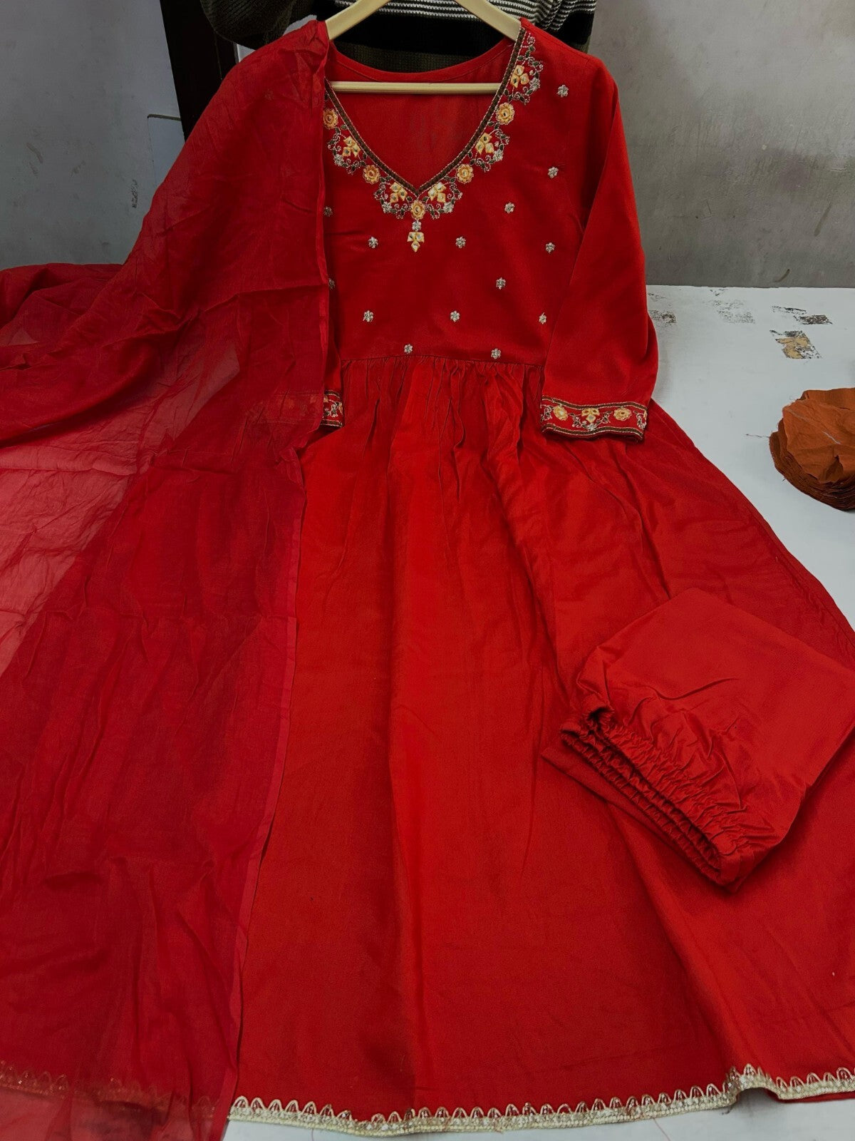 Indian Women Red Cotton Floral Printed Anarkali Flared Kurta Kurti Long Dress