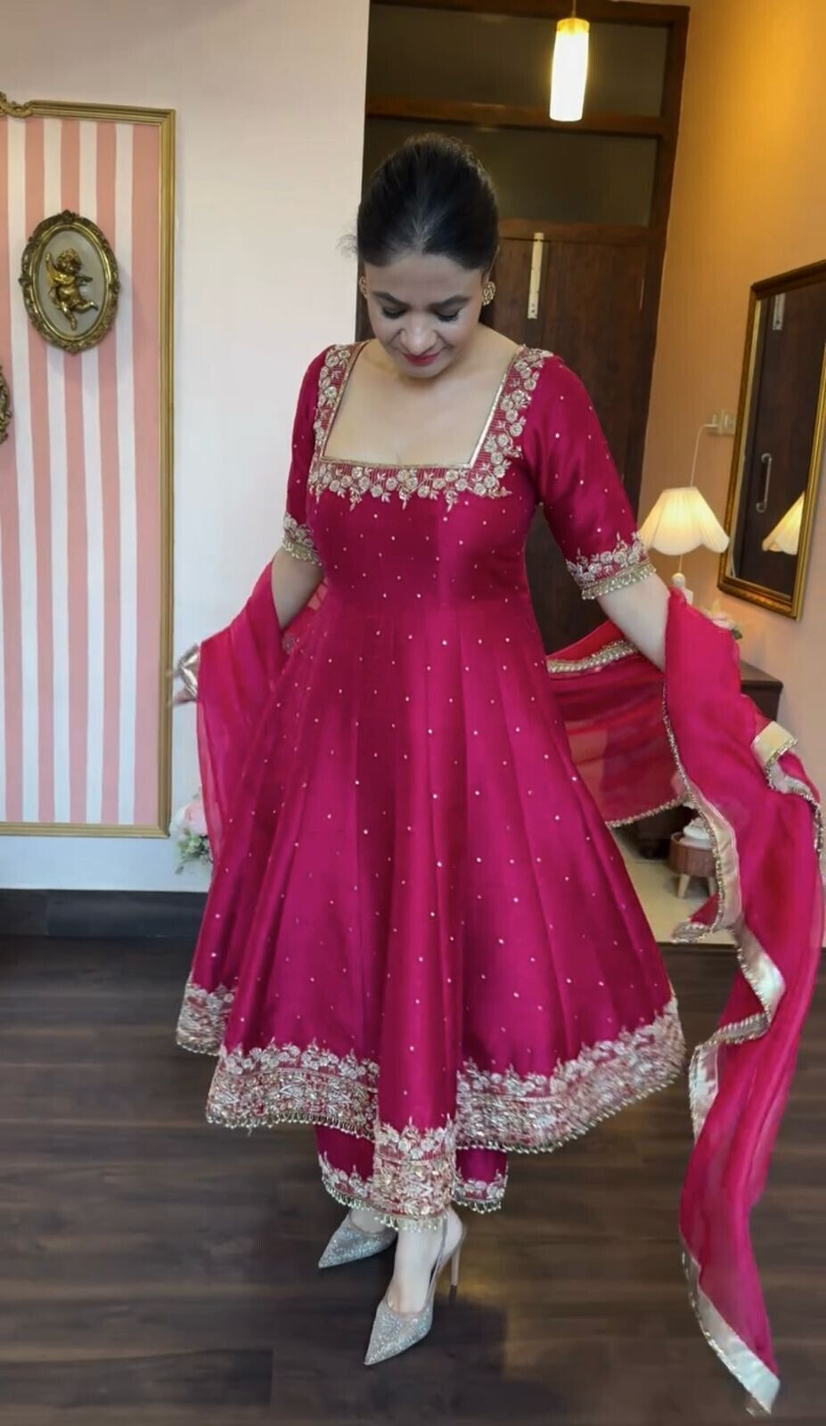Indian Organza Taby Silk Anarkali Gown Set with Digital Print & Handwork