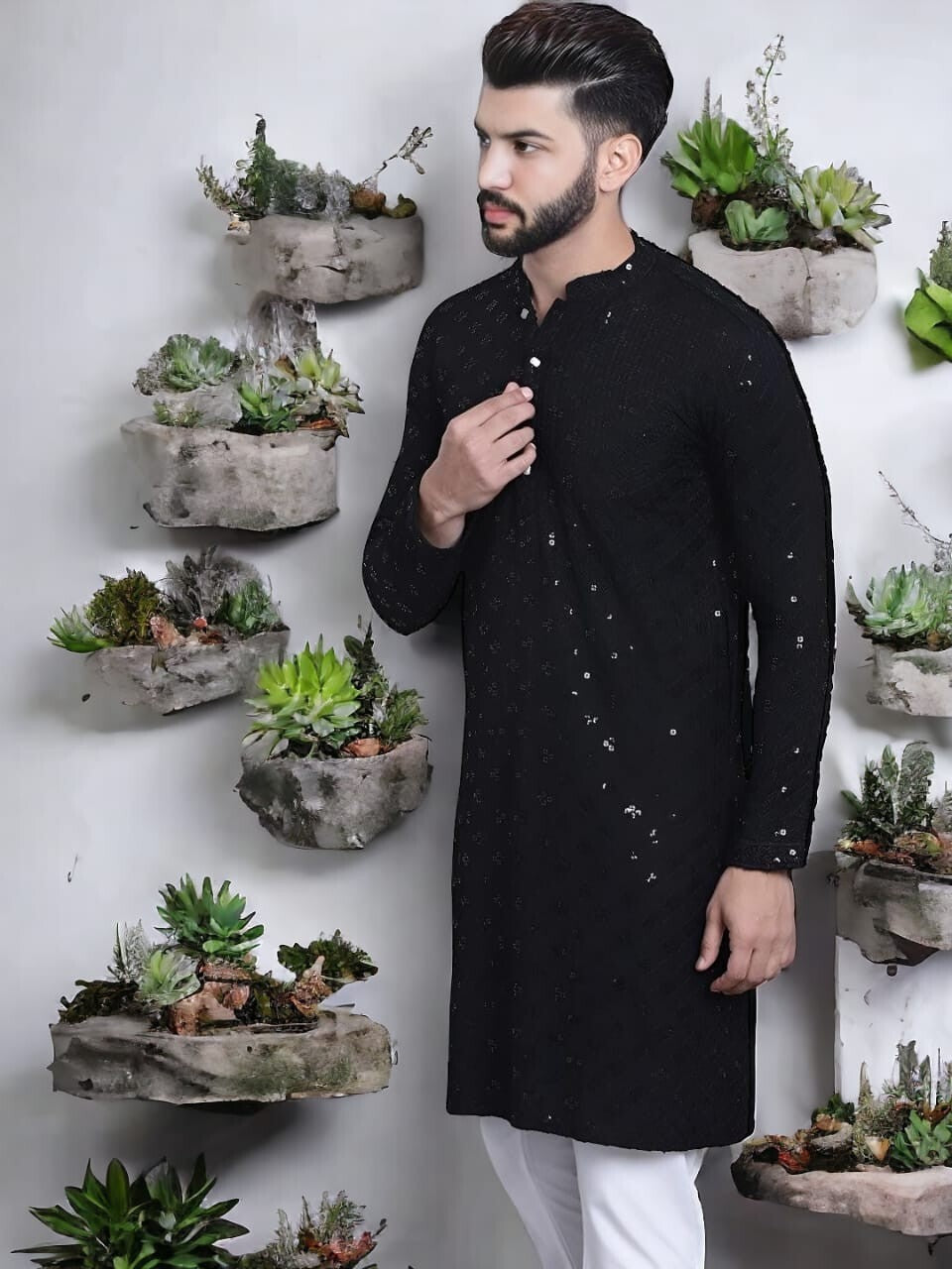 New Party Wear Pure Cotton Men’s  Long Kurta Pajama Black , Wedding Outfit
