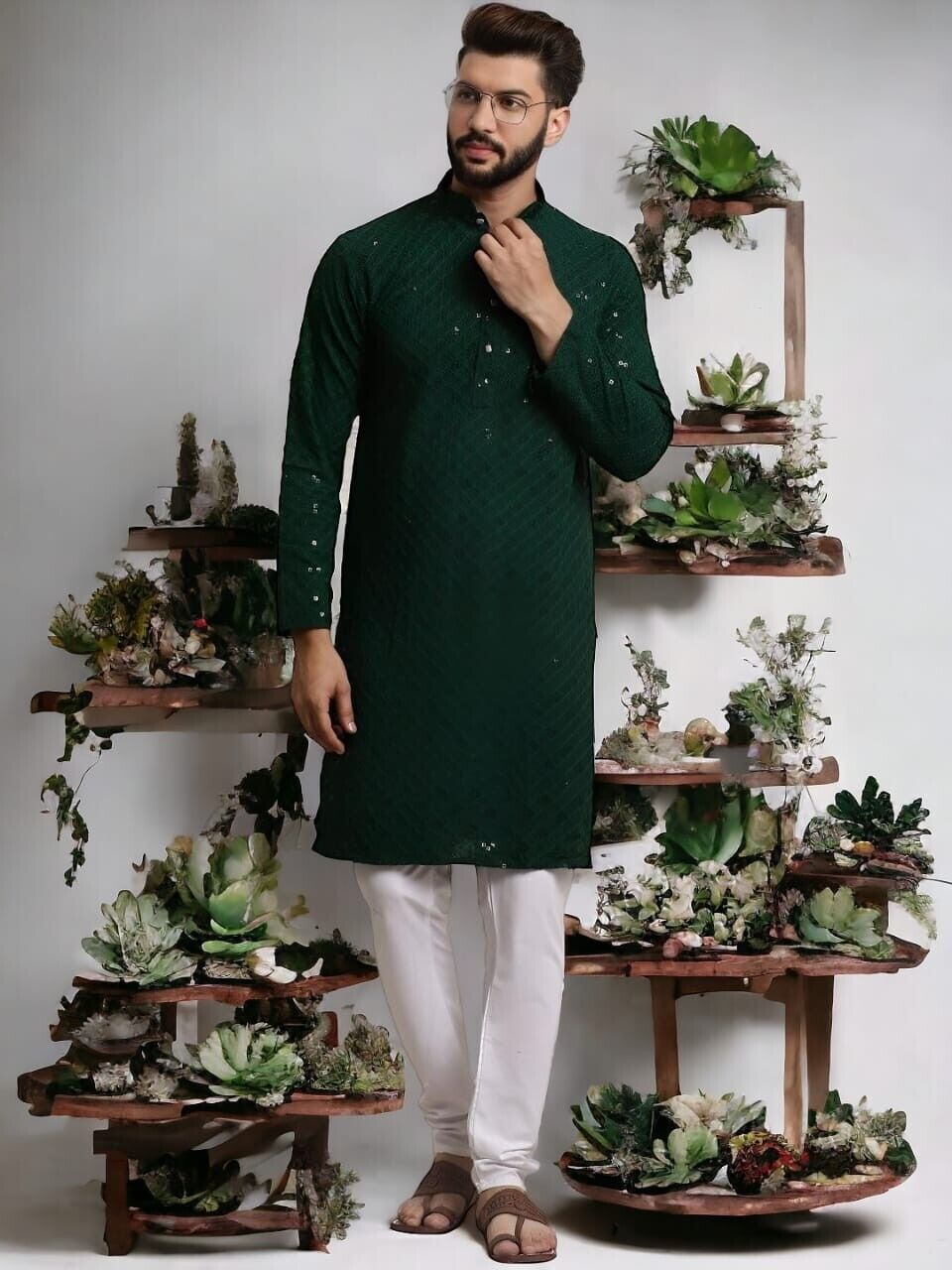 Party Wear Green Embroidered Pure Cotton Long Shirt Kurta Pajama Pooja Kurta