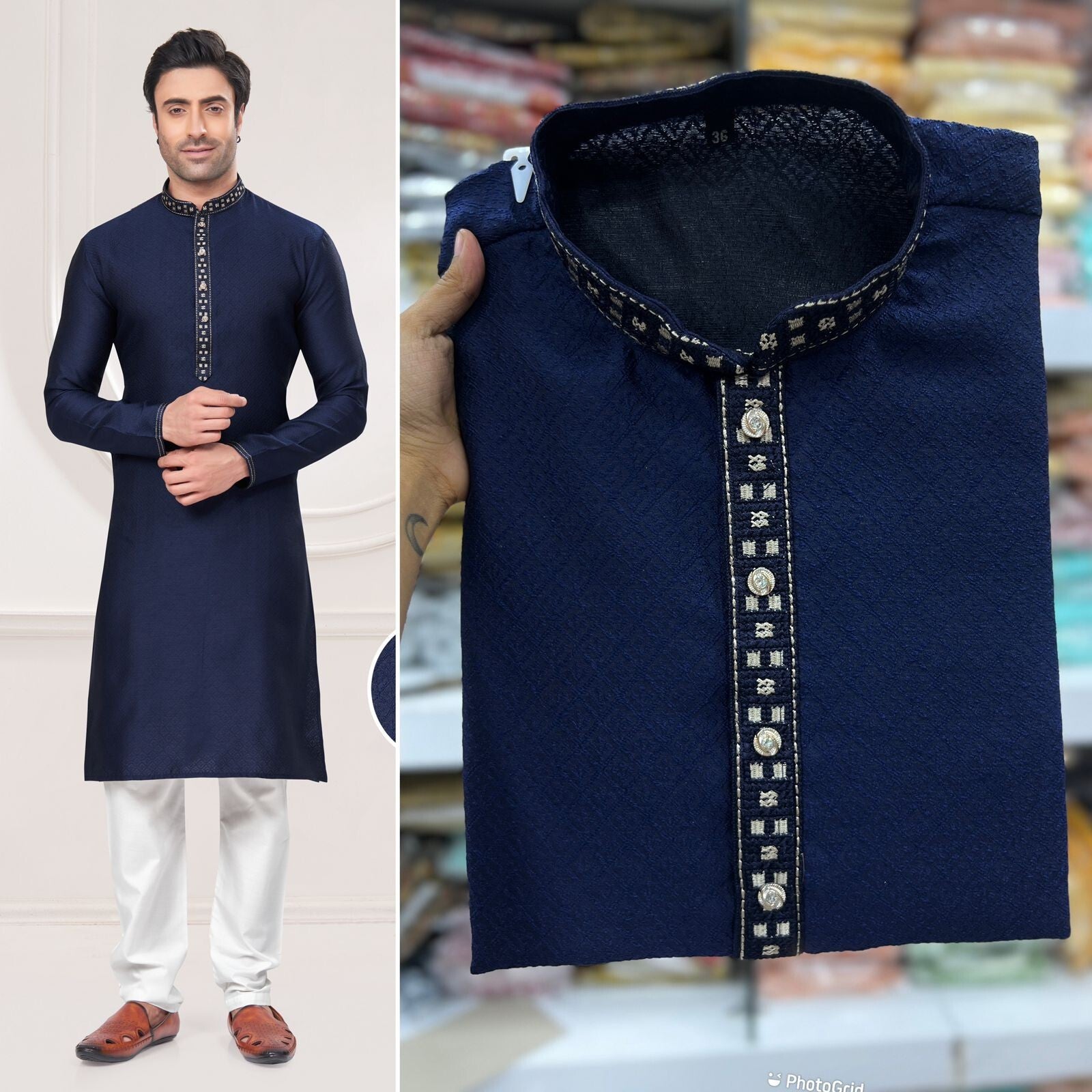 Men's Black Long Silk Kurta Pajama Indian Wedding 2 Piece Set Wedding Kurta
