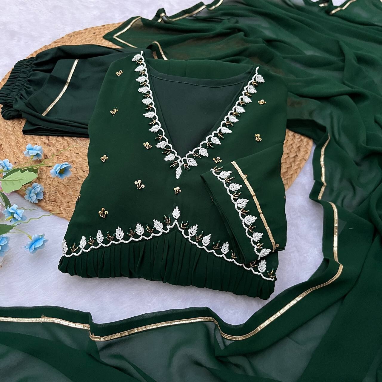 Solid Green Mehendi Outfit Women Indian Pakistani Anarkali Gown Set Georgette