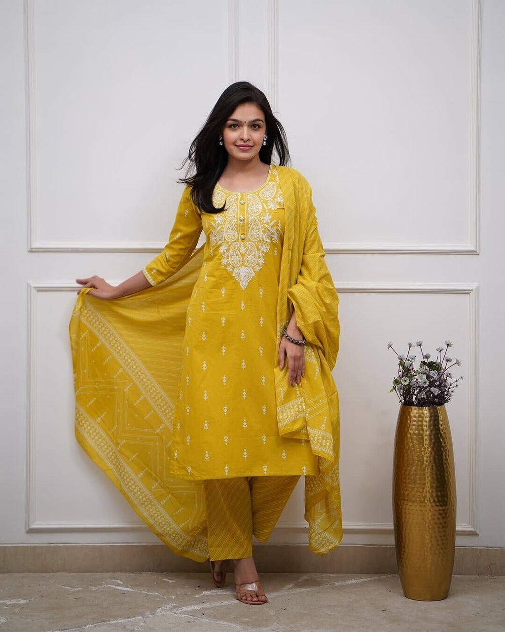 Embroided Floral Printed kurta  Salwar Kameez Suit Set Indian Fabric Cotton 60