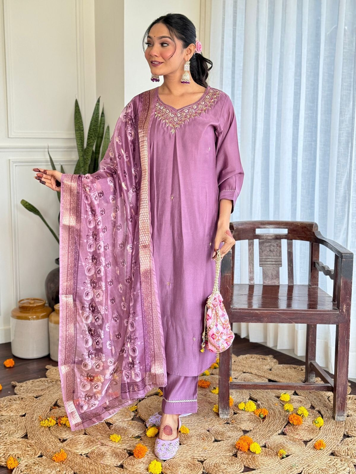 Women Elegant Romen Silk Kurta Pant  Chanderi Dupatta Salwar kameez suit