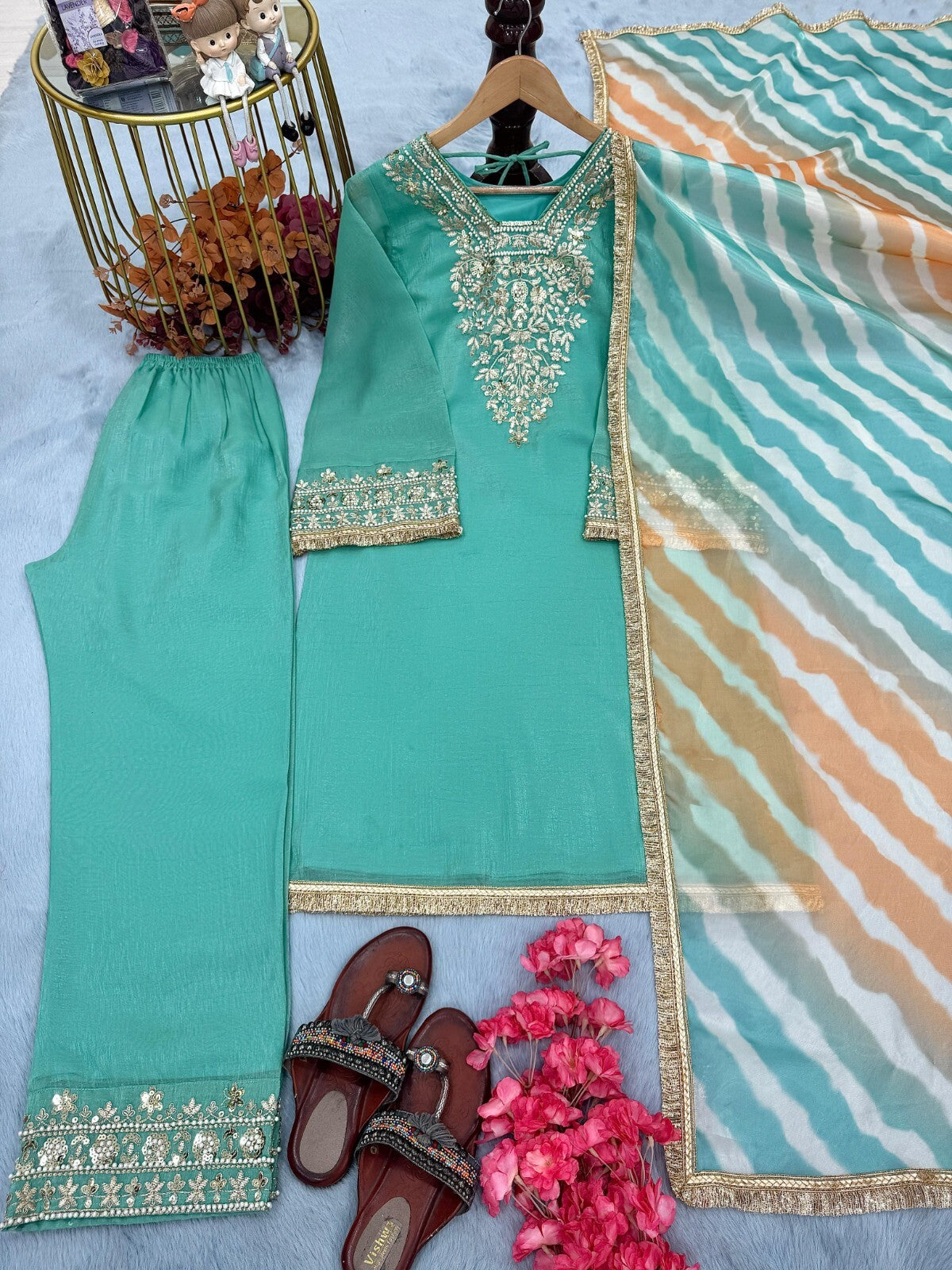 Pure Crunchy Silk Embroidered Party Wear Suit with Sharara & Dupatta