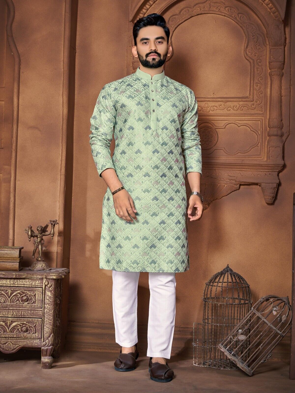 Traditional Men's Wedding Kurta Long  Embroidery & Cotton Pajama - Silk Bandhani