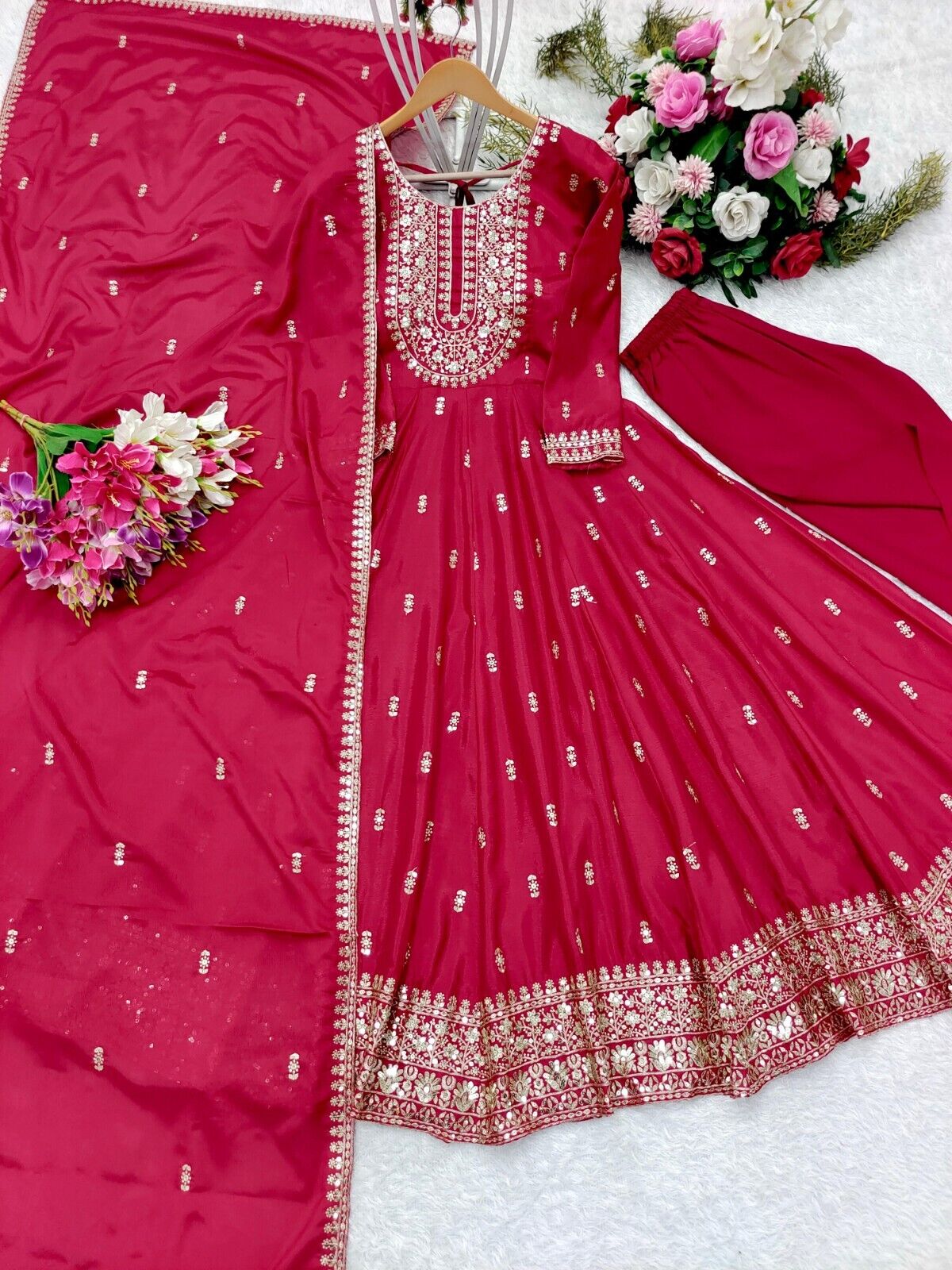 Chinon silk red Flared Anarkali Gown , Full Length Suit With Pant duppatta