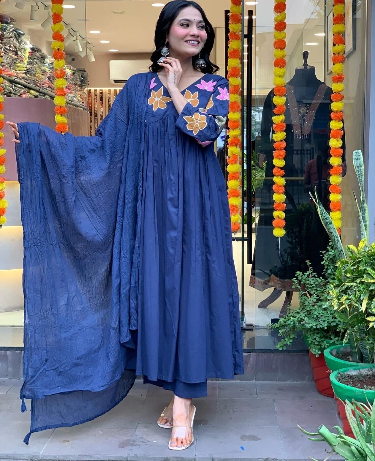 Blue Cotton Anarkali Flared gown full length Kurta Set with Malmal Dupatta