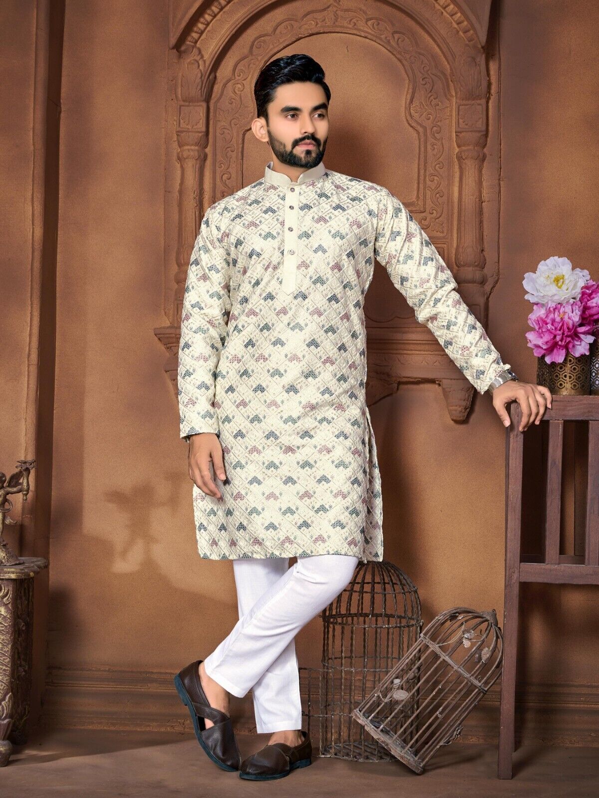 Traditional Men's Wedding Kurta Long  Embroidery & Cotton Pajama - Silk Bandhani