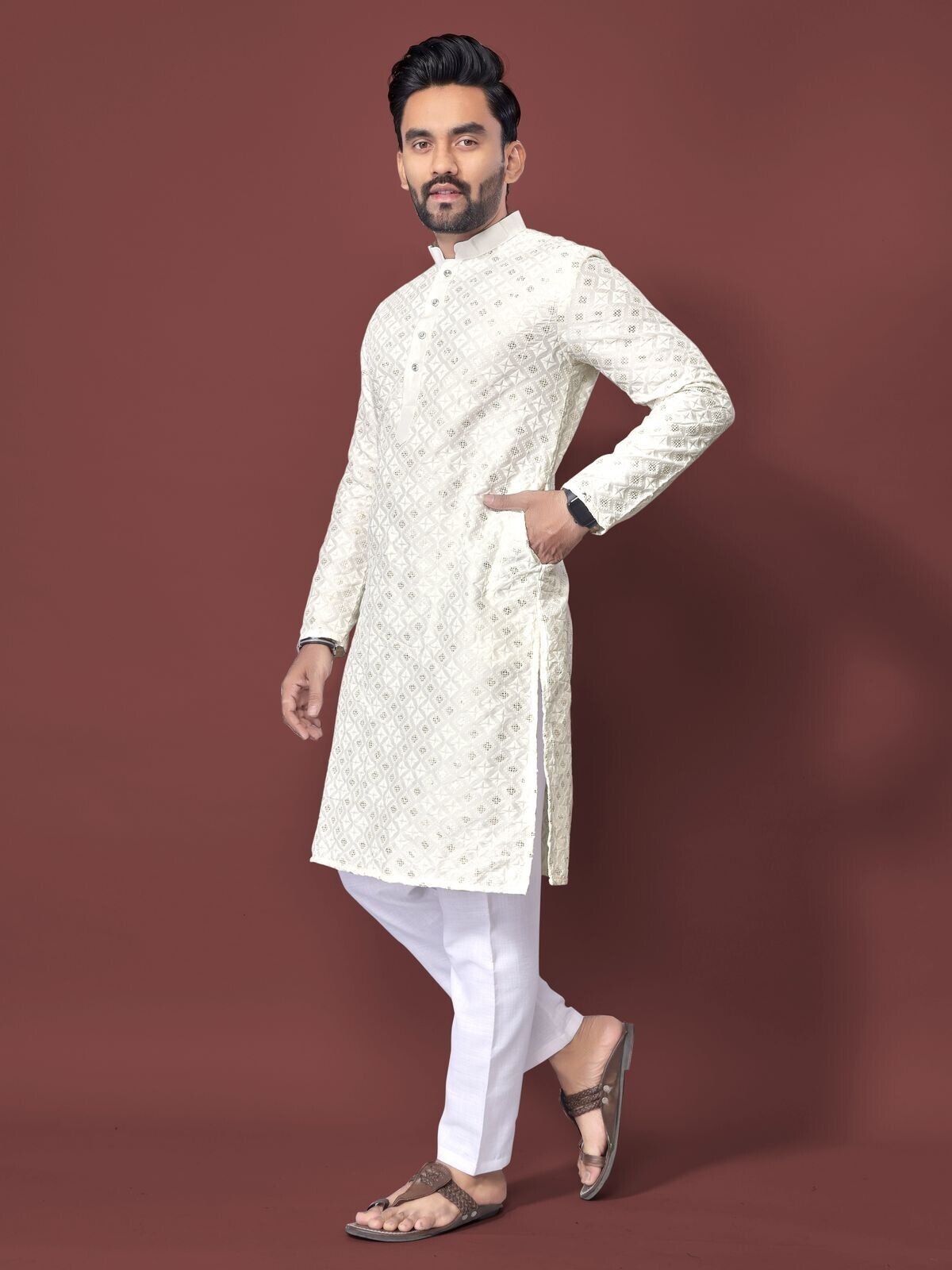 Traditional Men's Wedding Kurta Long Embroidery & Cotton Pajama - Silk Bandhani