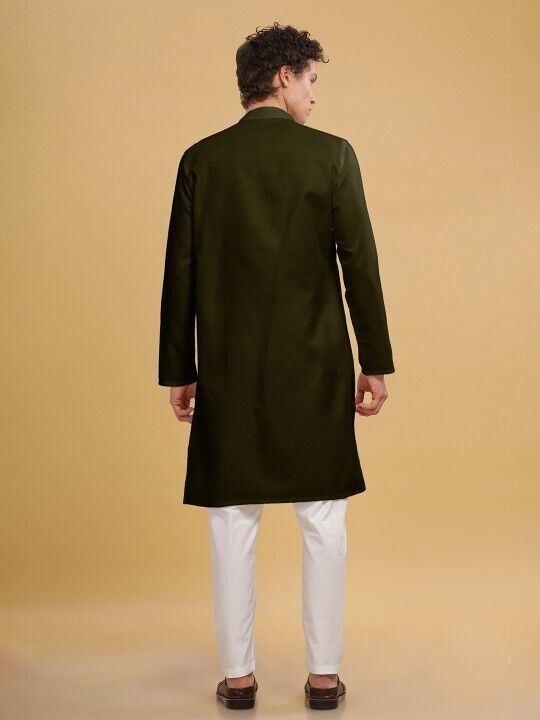 New Men’s Long  Kurta Pajama Party Wear Solid Olive Green Indian S - 7X