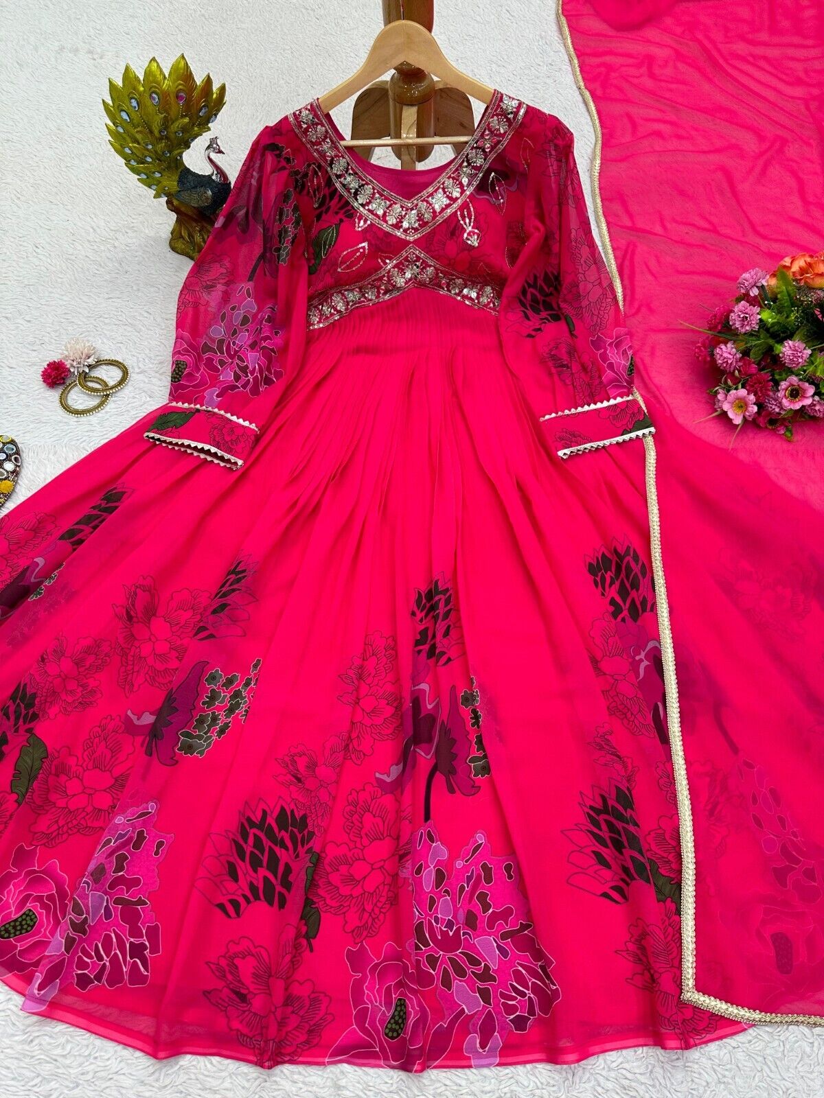 Designer Floral Faux Georgette Anarkali gown Flared Sleeves  Ready-to-Wear