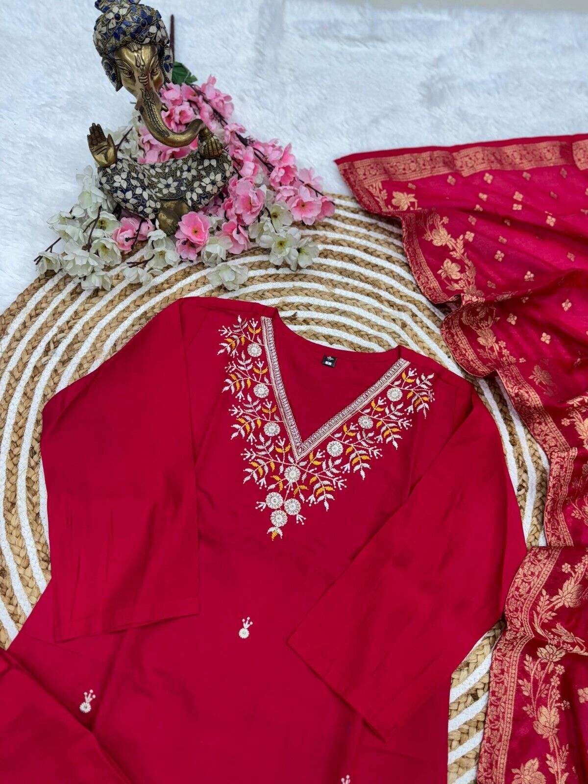 Red Viscose Chanderi Anarkali Salwar Kameez Set with Embroidered Work