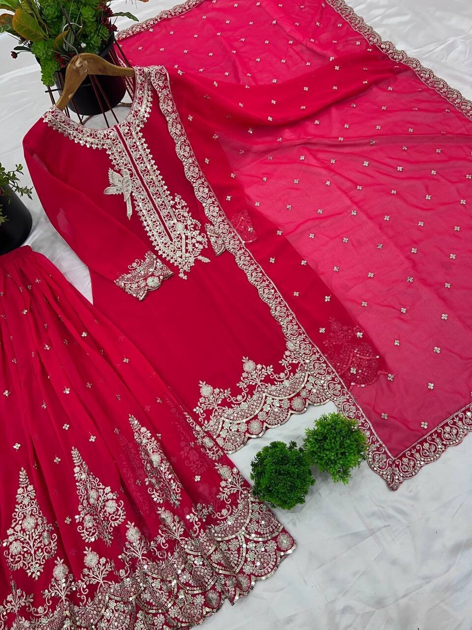 Pink Pakistani Sharara Dress with Embroidered Sequins in Faux Georgette Readymad