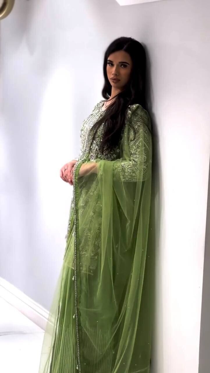 Indian Green Chinnon Silk Sharara Palazzo Salwar Kameez Set with Net Dupatta