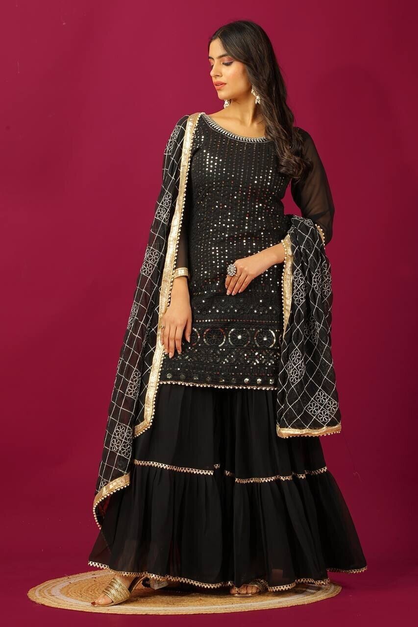 Designer Black Faux Georgette Suit  with Sharara  Readymade Embroidred
