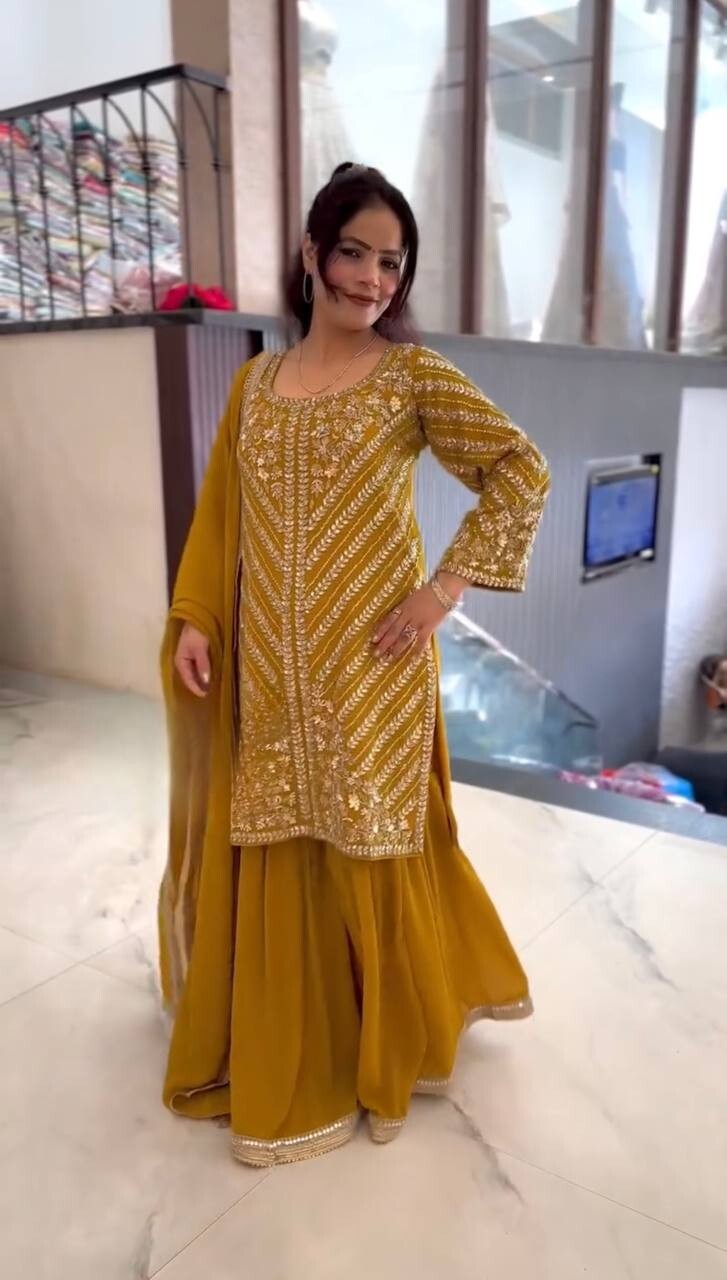 Yellow Georgette Sharara suirt Kameez with Dupatta for Women & Girls (3PC Set)