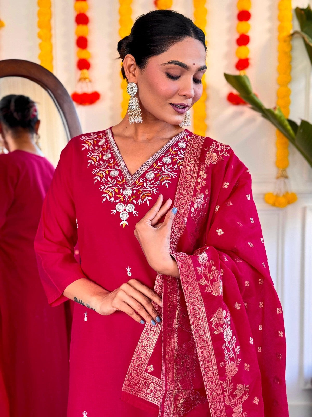 Red Viscose Chanderi Anarkali Salwar Kameez Set with Embroidered Work