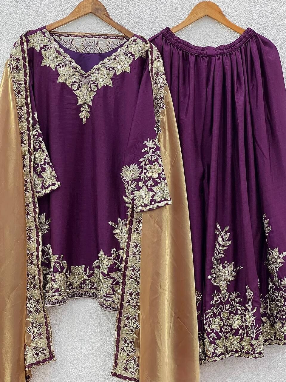 Chinon Silk Embroidered Palazzo Suit Set – Fully Stitched Partywear Sharara