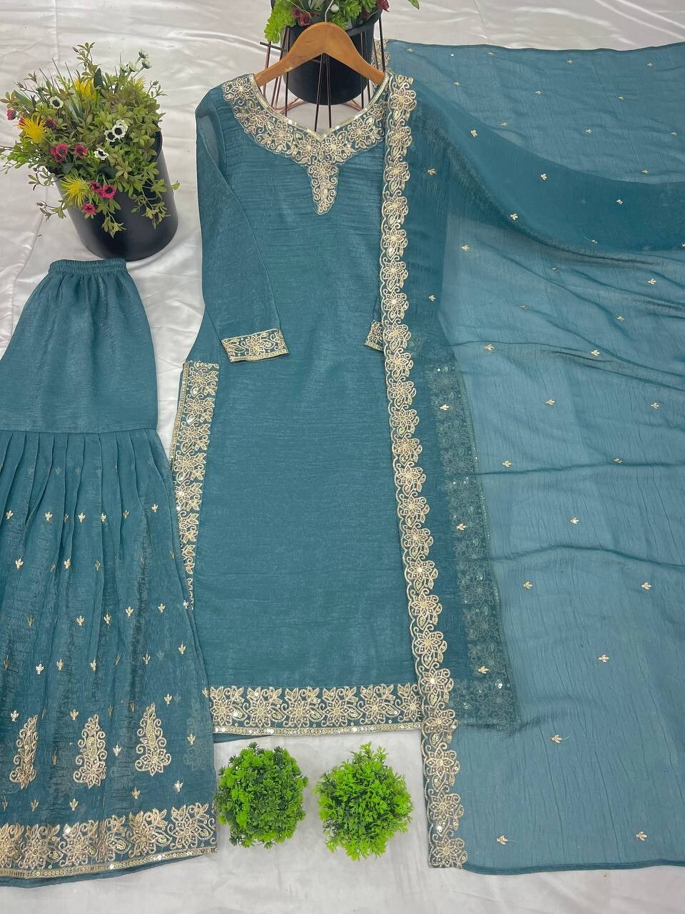 White Crunchy Silk Pakistani Salwar Kameez Sharara Suit with Embroidered Dupatta