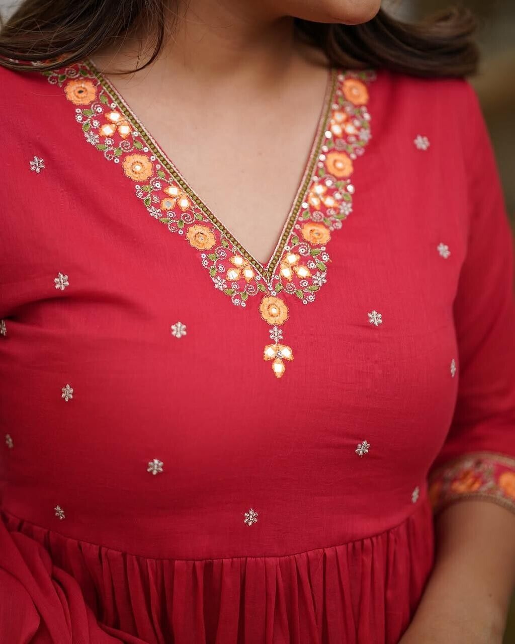 Indian Women Red Cotton Floral Printed Anarkali Flared Kurta Kurti Long Dress