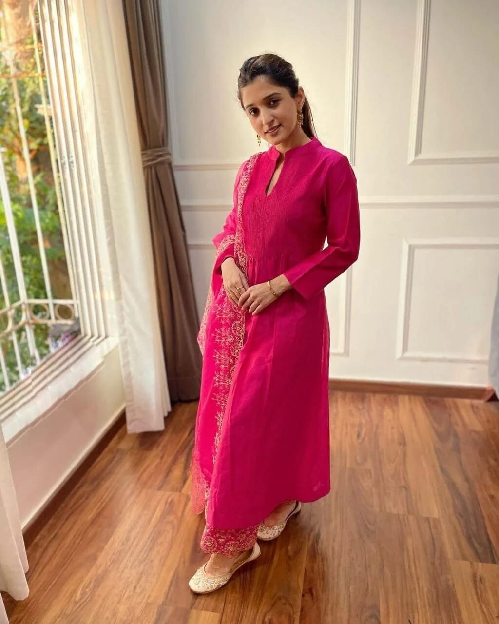 Party Heavy Chanderi Readymade Pink Salwar Kameez With Printed Organza Dupatta