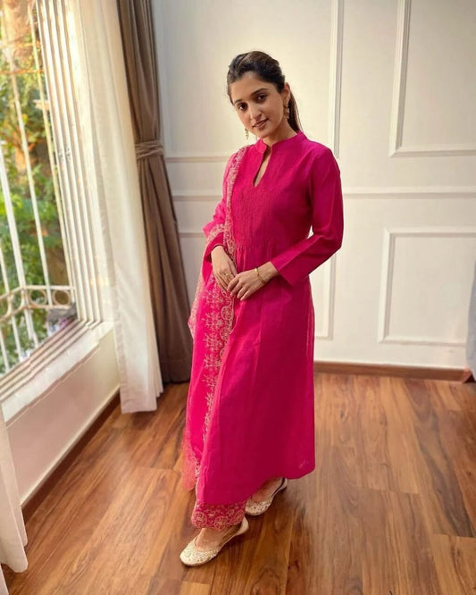 Party Heavy Chanderi Readymade Pink Salwar Kameez With Printed Organza Dupatta