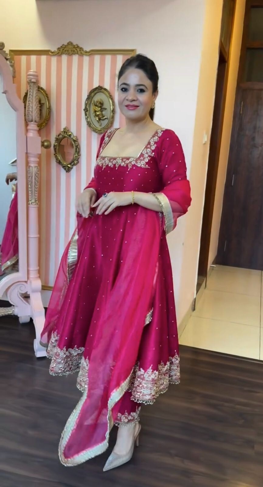Indian Organza Taby Silk Anarkali Gown Set with Digital Print & Handwork