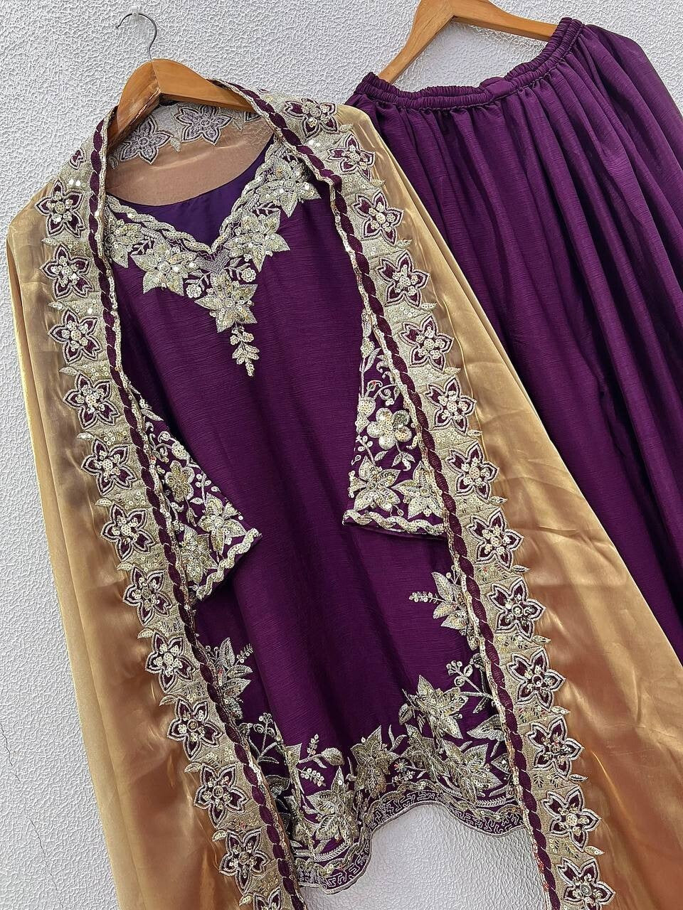 Chinon Silk Embroidered Palazzo Suit Set – Fully Stitched Partywear Sharara