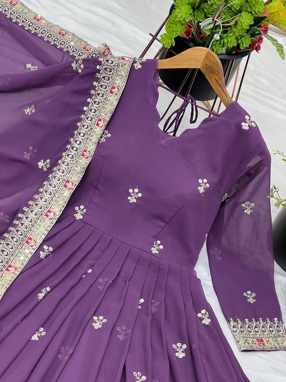 Georgette Pakistani Anarkali Gown Salwar Kameez Set with Embroidered Net