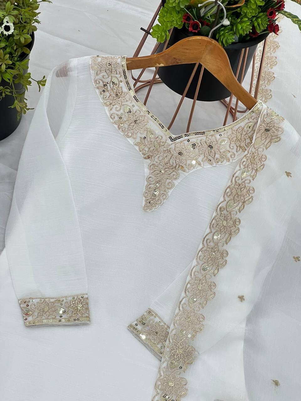 White Crunchy Silk Pakistani Salwar Kameez Sharara Suit with Embroidered Dupatta