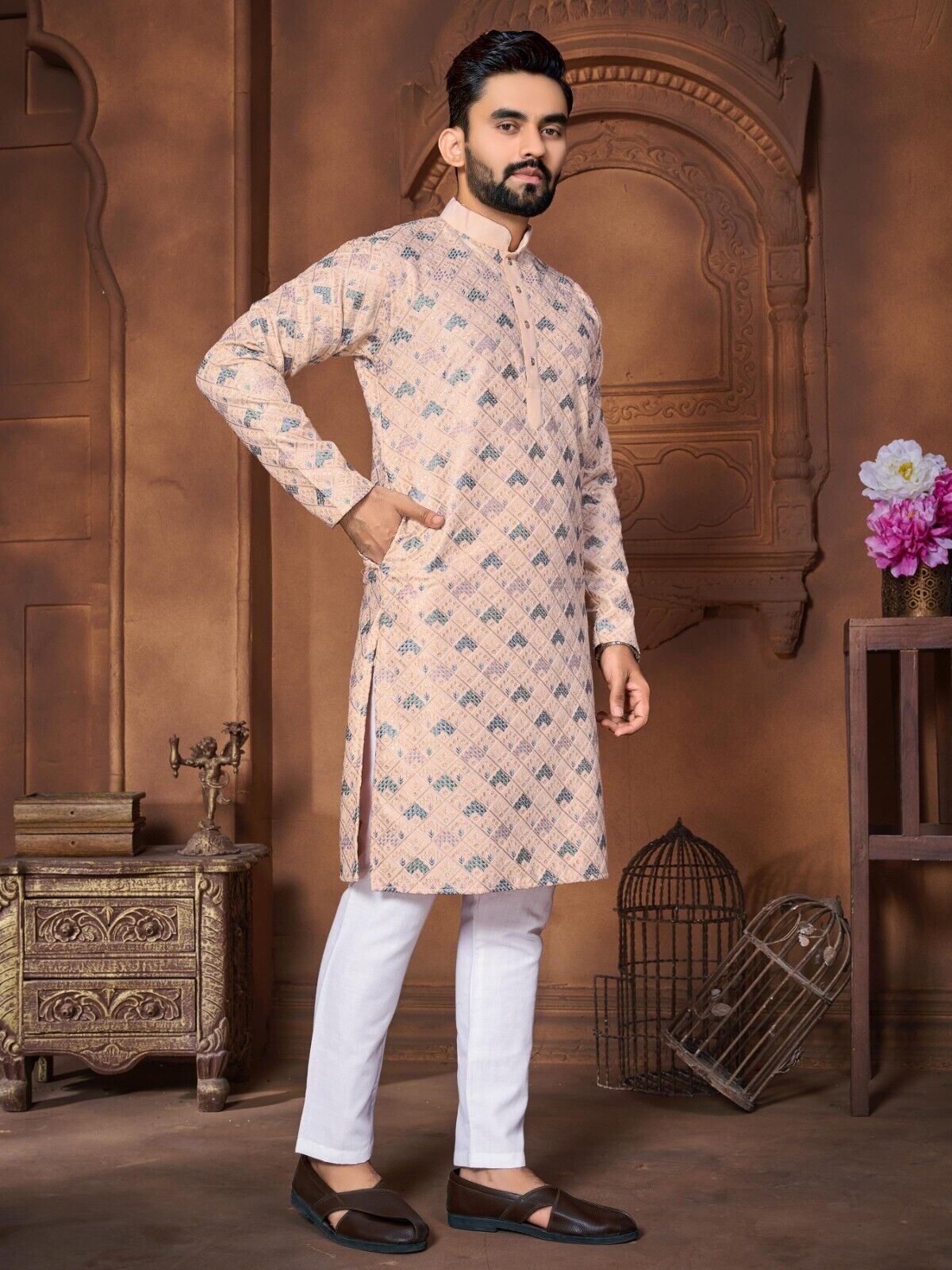 Traditional Men's Wedding Kurta Long  Embroidery & Cotton Pajama - Silk Bandhani