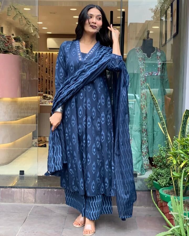 New Cotton Women Anarkali Flared Gown with Pant Salwar suit Embroidery work