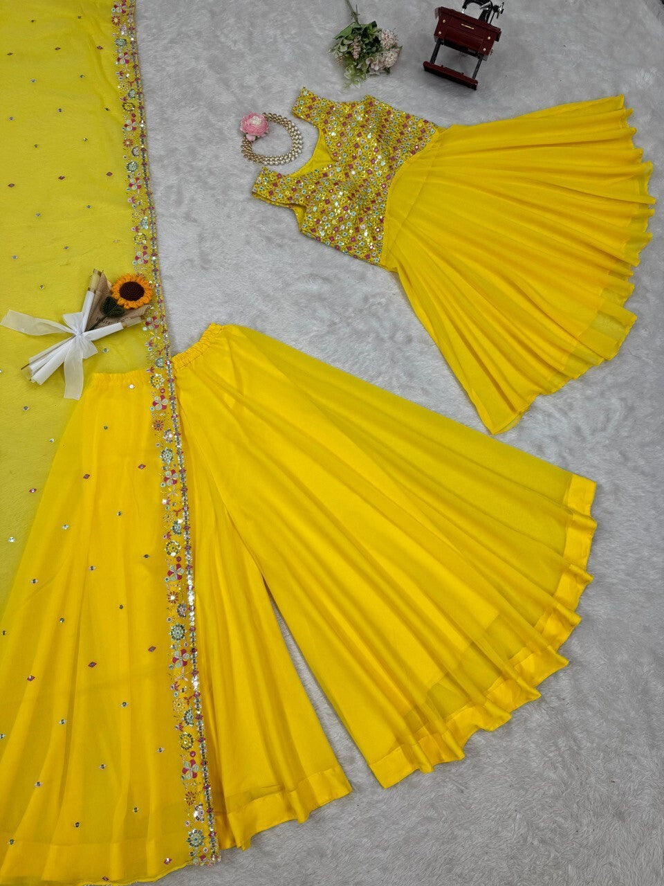 Haldi Outfit for Women - Yellow Plazo Kurti Dupatta Set