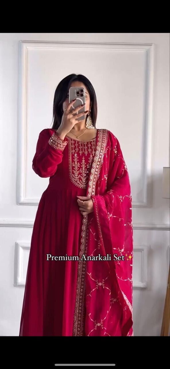 Heavy Fox Georgette Embroidered Anarkali Gown Suit Set Fully Stitched Party Wear
