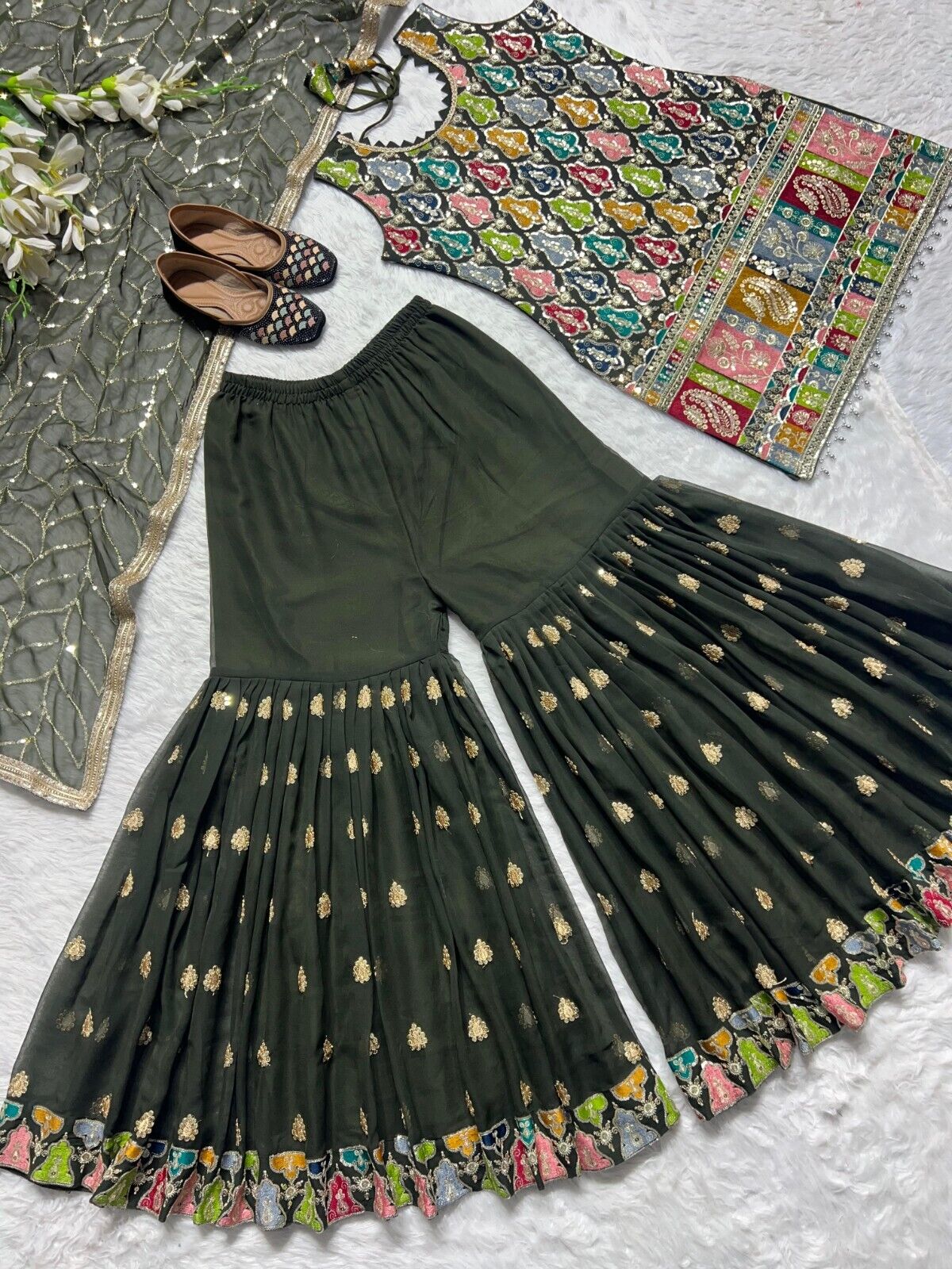 Indian Readymade Georgette Bollywood Kurti Wedding Indian Sharara Suit 3PC
