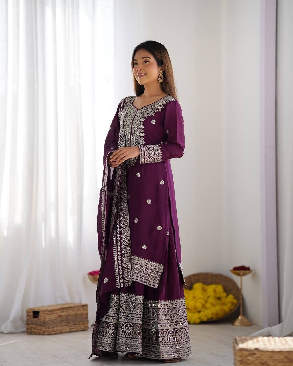 Chinnon Silk Punjabi Sharara Palazzo Salwar Kameez Set with Lace Border Dupatta