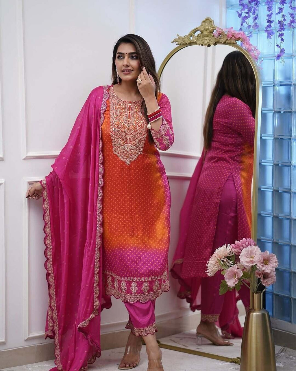 Chinon Silk Pakistani Pink Salwar Kameez Readymade Indian Wedding Partywear 3PC