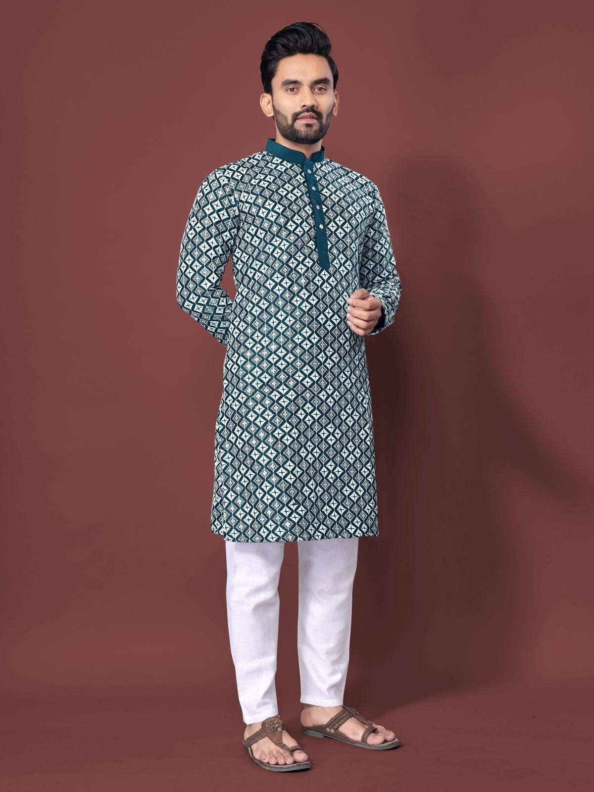 Traditional Men's Wedding Kurta Long Embroidery & Cotton Pajama - Silk Bandhani