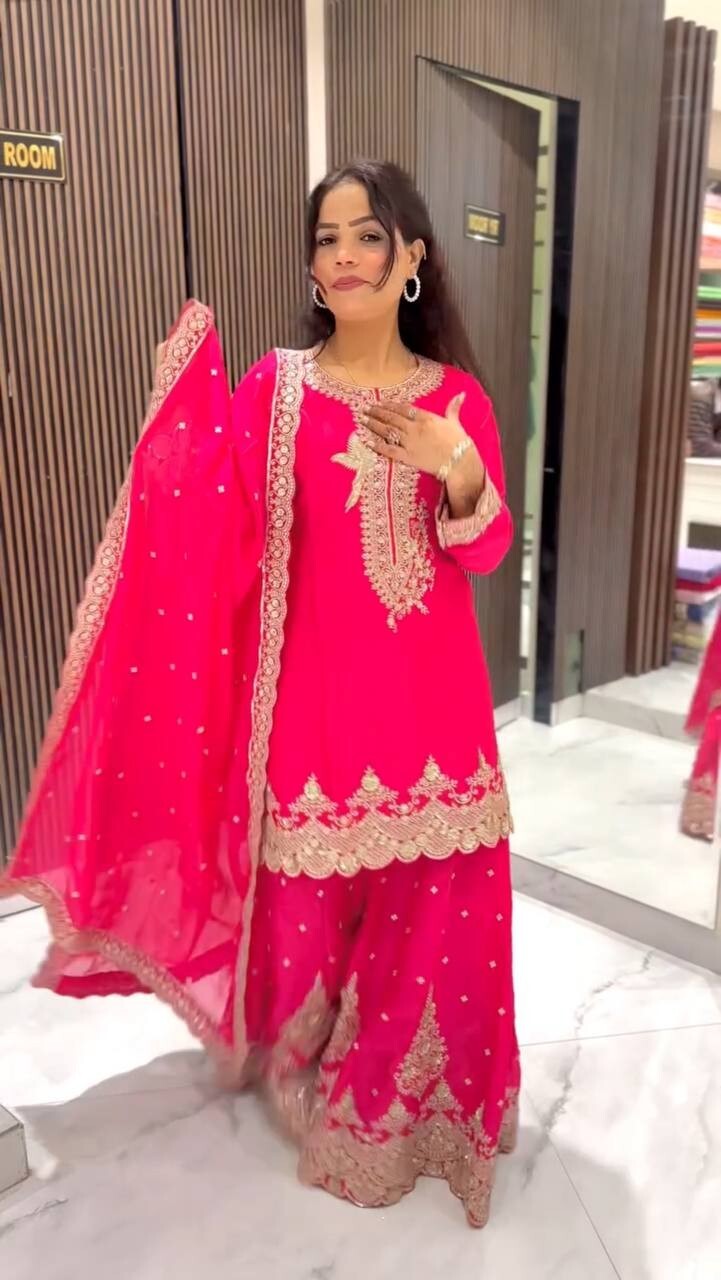 Pink Pakistani Sharara Dress with Embroidered Sequins in Faux Georgette Readymad