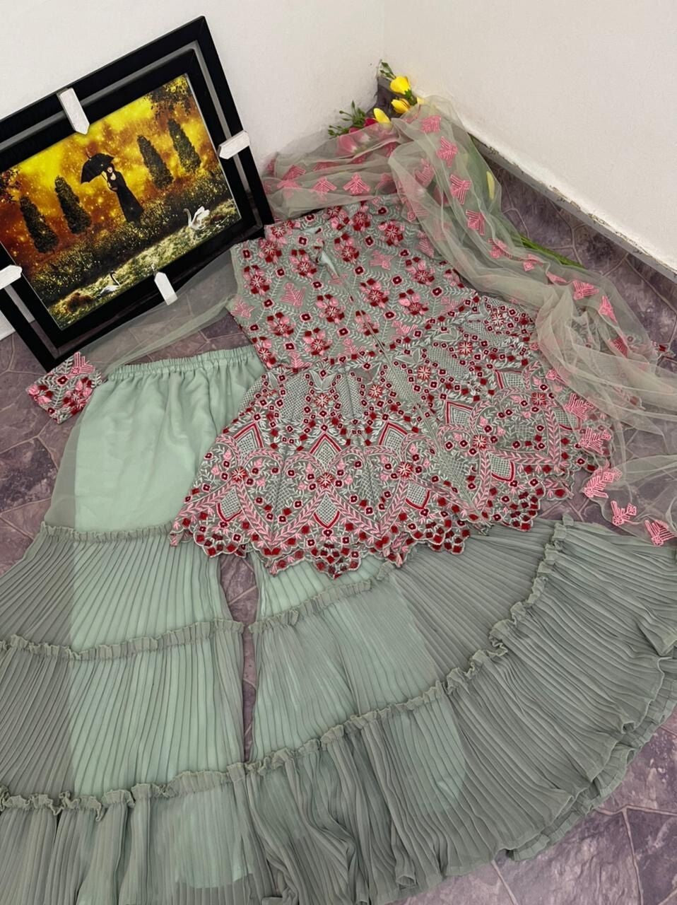 Pallazzo Set Sharara Suit to  Wear , Ready made Wedding Partywear Georgette Suit