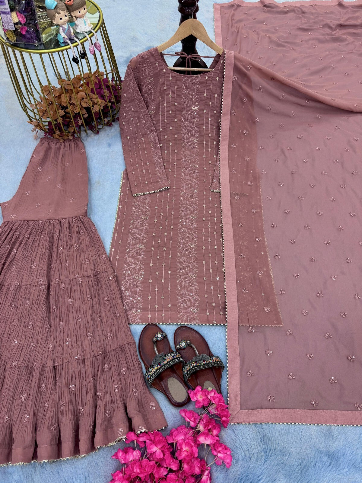 Embroidered Georgette Sharara Palazzo Salwar Kameez Set with Embroidered Dupatta