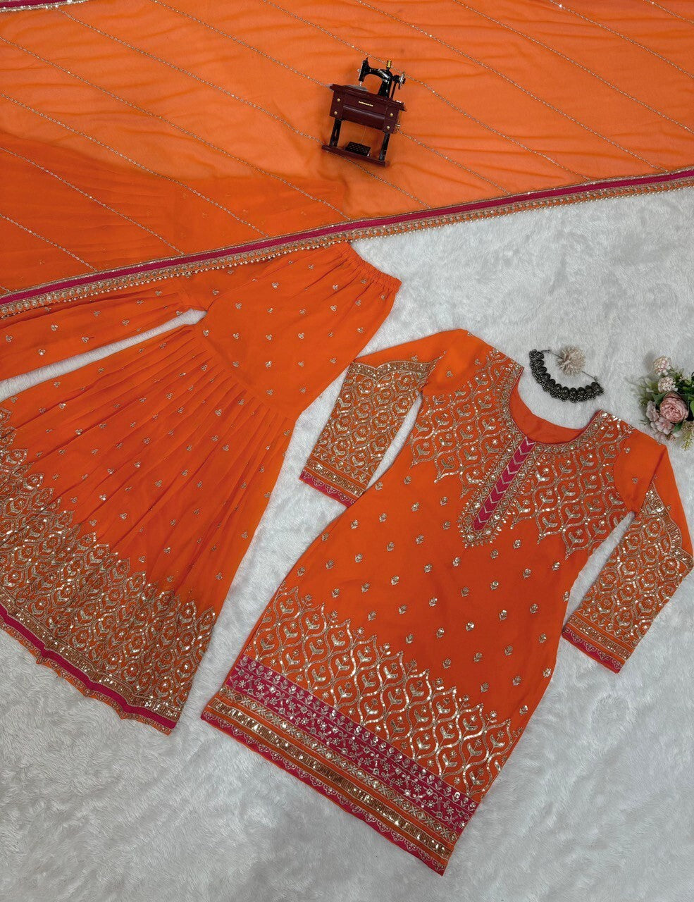Faux Georgette Embroidered Zari Work  Sharara Suit Set with Embroidered Dupatta