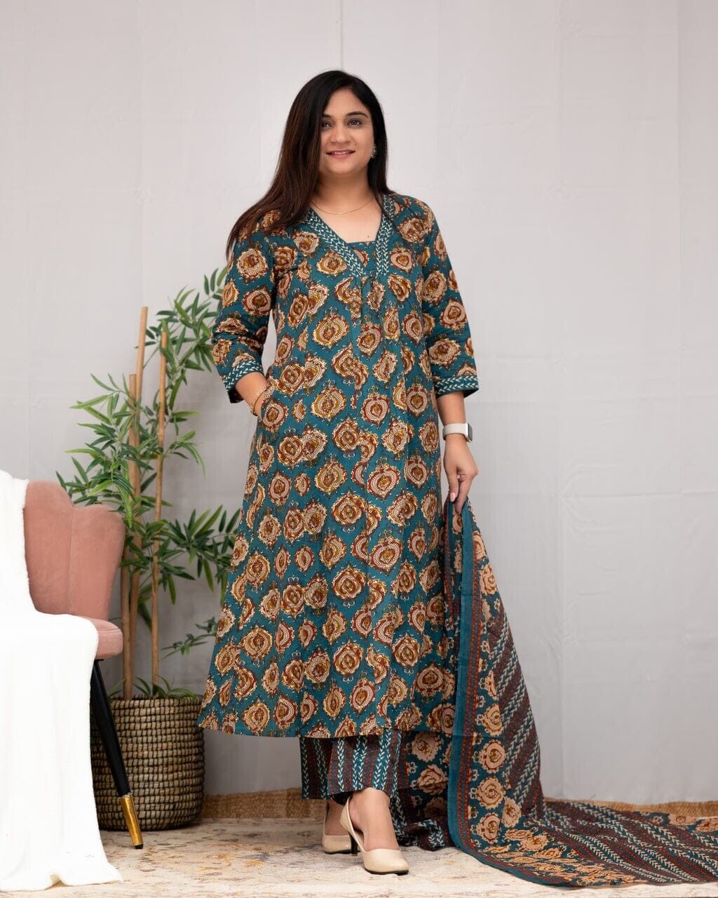 Cotton Designer indian Embroidered Anarkali Kurti Pant with Dupatta Set
